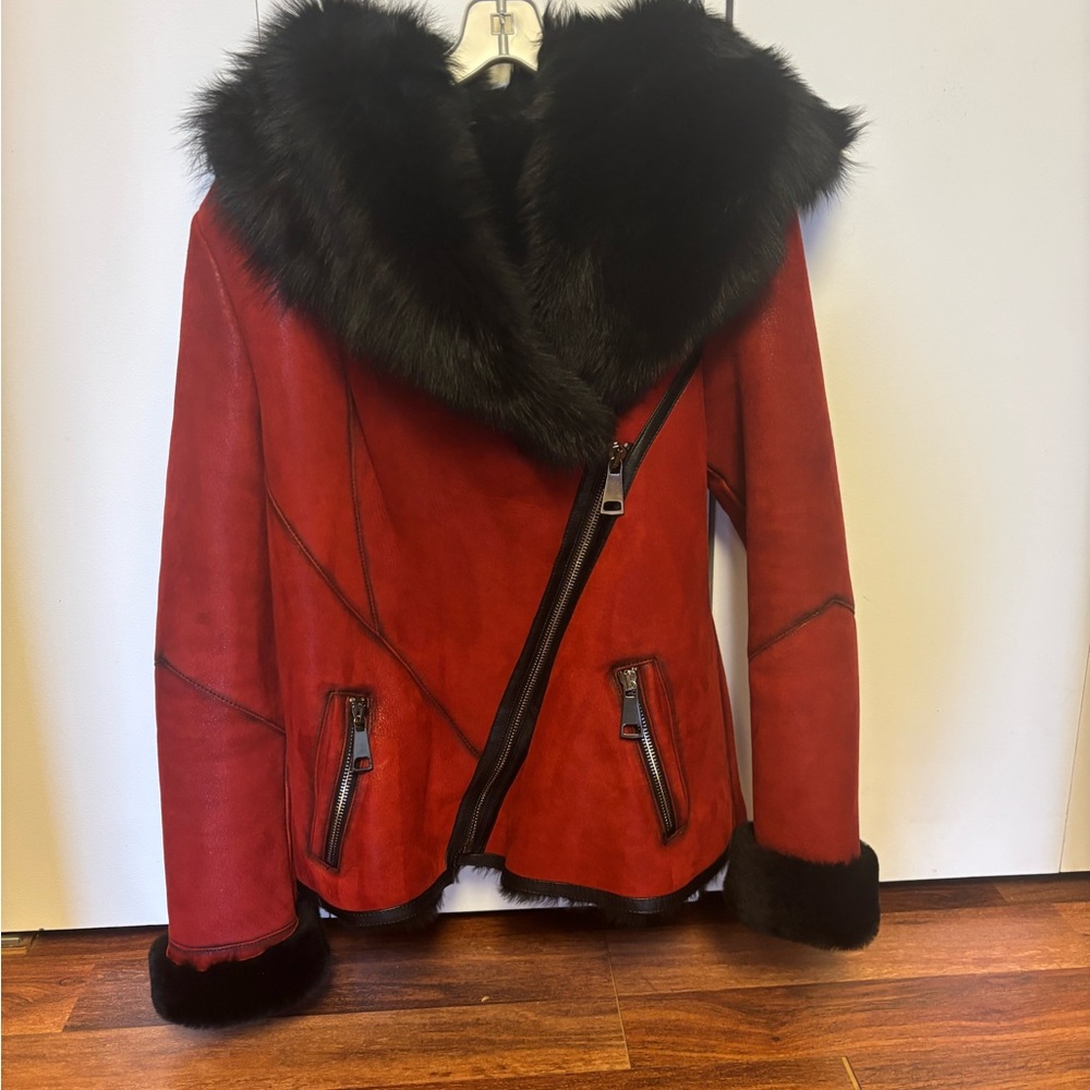 Women's Red Shearling Leather Jacket with Black Fur Trim